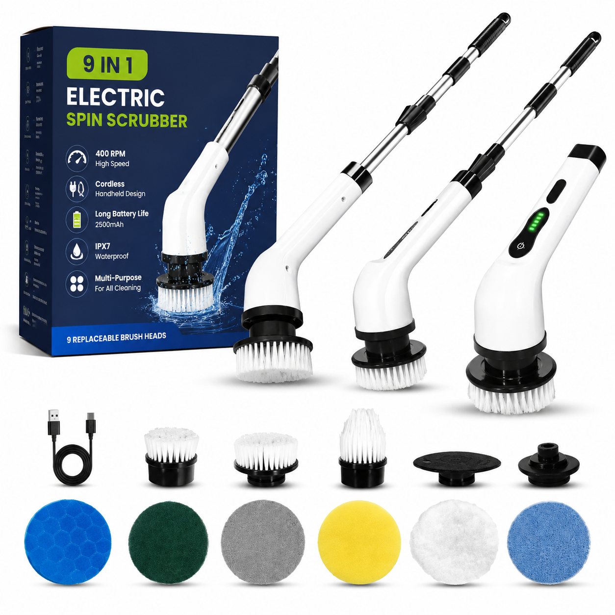 Battery Operated 9 In 1 Electric Spin Scrubber (400 RPM, 4 inch)