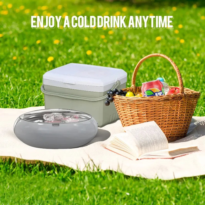 Instant beverage ice buckets and beverage bucket coolers for cans and bottles for ready-to-carry beverages
