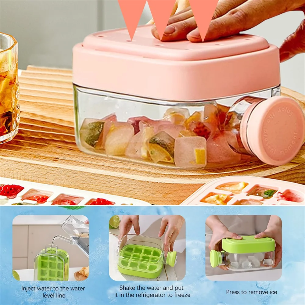 Ice Cube Bottle with Straw, 2 In 1 Touch-Free Push-Type Ice Cube Making Bottle, Easy Release Water Bottle Ice Mold