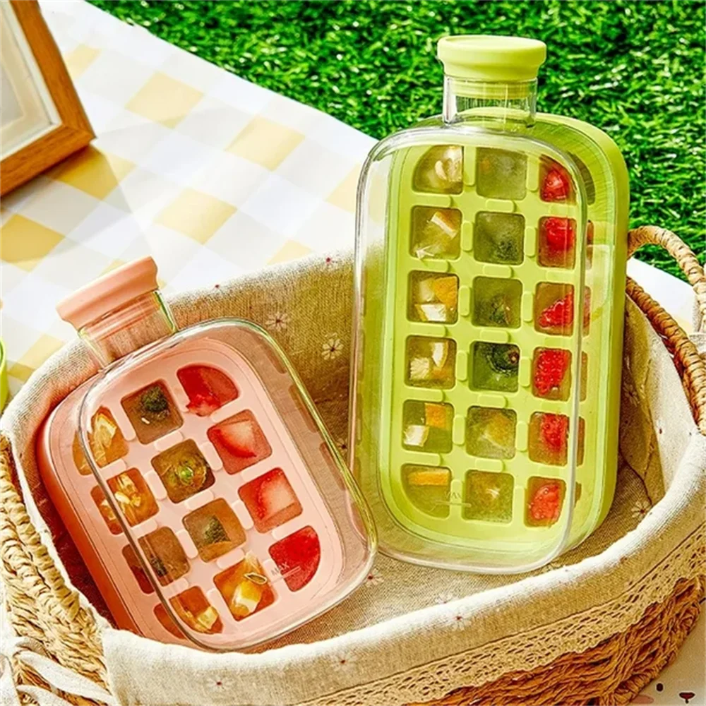 Ice Cube Bottle with Straw, 2 In 1 Touch-Free Push-Type Ice Cube Making Bottle, Easy Release Water Bottle Ice Mold