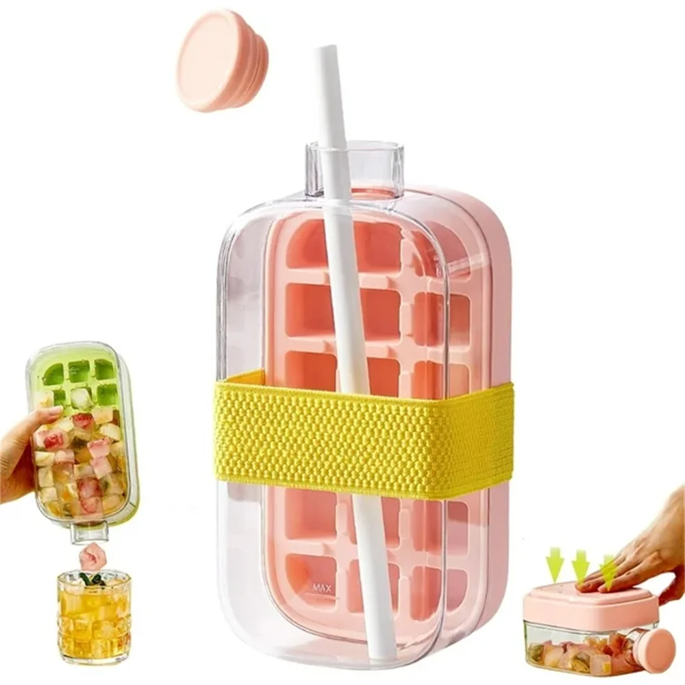 Ice Cube Bottle with Straw, 2 In 1 Touch-Free Push-Type Ice Cube Making Bottle, Easy Release Water Bottle Ice Mold